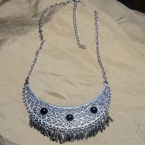 Bohemian Silver Scrollwork Necklace with Black Beads